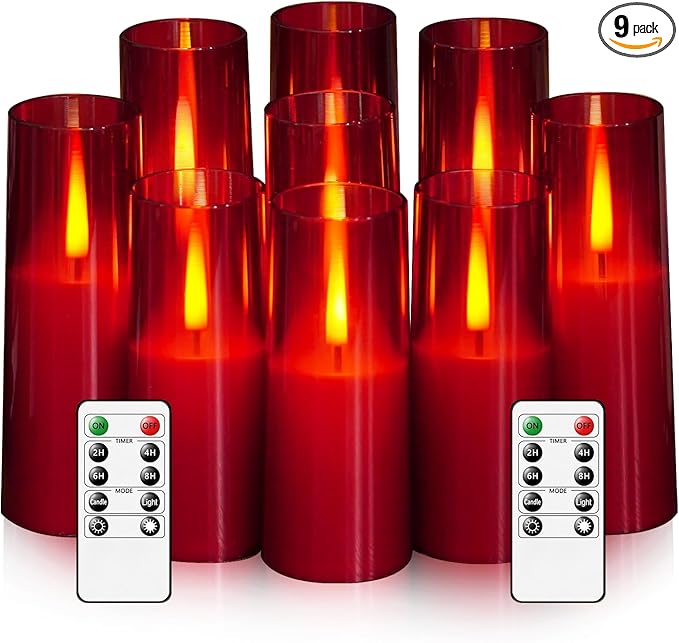 Flickering Flameless Candles,Battery Operated, Flameless Candles with Remote, 2/4/6/8 Hour Timer, Realistic Jumping Flame Effect, Perfect for Home Decor, Holiday Decoration Pcs 9 (Red)