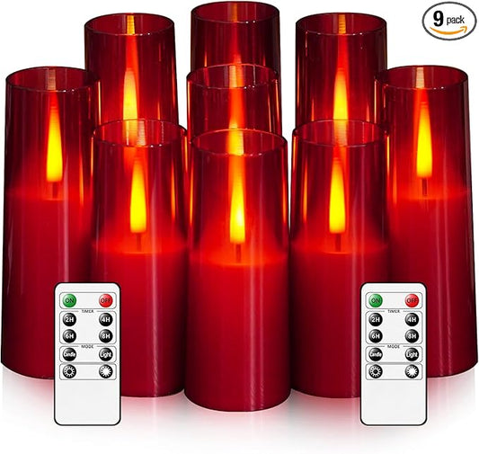 Flickering Flameless Candles,Battery Operated, Flameless Candles with Remote, 2/4/6/8 Hour Timer, Realistic Jumping Flame Effect, Perfect for Home Decor, Holiday Decoration Pcs 9 (Red)