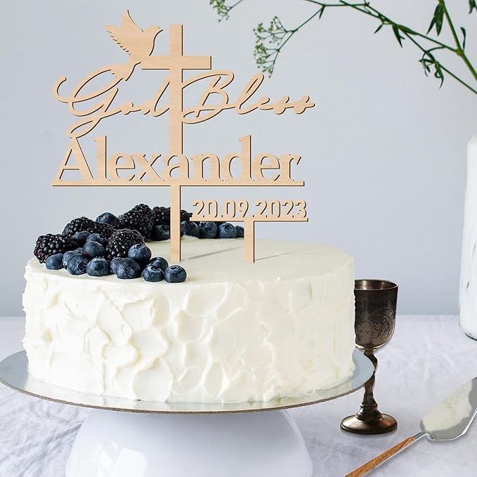 Personalized Baptism Cake Topper in Wood Custom Name God Bless Cake Topper Decoration (Design 03)