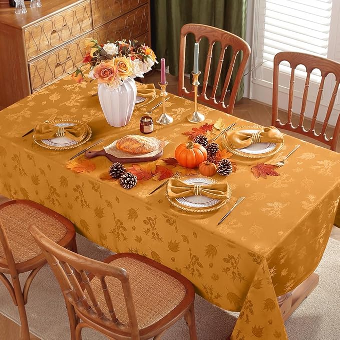MATIRUG Fall Thanksgiving Tablecloth Square 52X52 inches,Spillproof Wrinkle Free Autumn Jacquard Tablecloth for Harvest Holiday, Amber