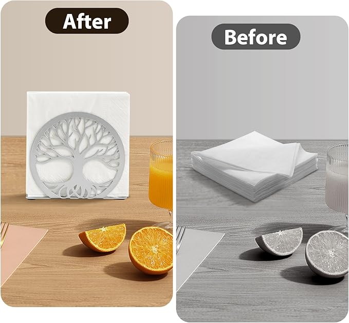 Silver Napkin Holder for Table – Sleek Standing Napkin Dispenser for Kitchen, Dining Room, or Coffee Shop | Perfect for 5-inch Cocktail Napkins, Farmhouse & Outdoor Spaces (4.7"x 1.6"x 4")