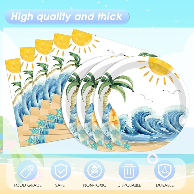 41Pcs Summer Beach Surf First Birthday Decorations for Boy,The Big One Birthday Party Supplies Dessert Plates Napkins Tablecloth丨 Surfs Up Baby Boy First Birthday Decorations,Serves 20