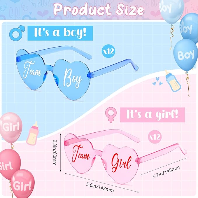 Pibupibu 24 Pcs Gender Reveal Glasses Blue Pink Sunglasses Bulk Team Girl or Boy for Gender Reveal Decor Glasses Party Favors