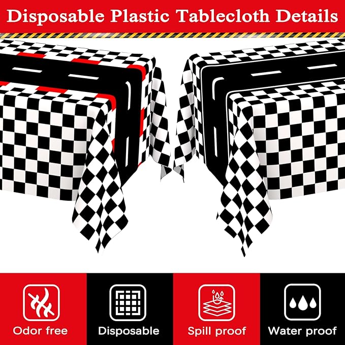 WNINK 6 Pack Race Car Table Cloth and Black White Gingham Tablecloths Disposable Plastic Buffalo Check Tablecloth Checkered Flag Covers for Birthday, Outdoor Picnic, Birthday, Camping 54 × 108 Inch