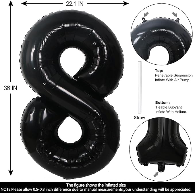 40 Inch Black Number 8 Balloons Helium Giant Black 8 Balloons for Birthday Party Decorations Anniversary Baby Shower Photo Shoot Supplies