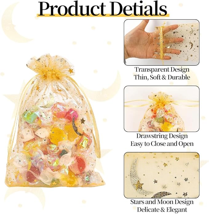 Moon Star Organza Bags 4x6 Small Mesh Bag Drawstring 50 Pcs Mesh Gift Bags Drawstring Pouch Wedding Favor Bags Jewelry Pouches Bulk Gift Pouch for Candy Soaps Birthday Festival Party Supplies, Gold