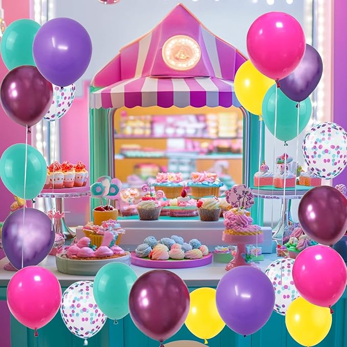 Pink Blue Purple Confetti Balloon for Birthday Party Decorations - 56Pcs 12in Hot Pink Yellow Teal Metallic Purple Multicolor Latex Balloons Bulk with Ribbon for Rainbow Colorful Girls Party Supplies