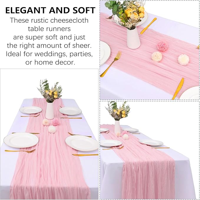 12 Pack Pink Cheesecloth Table Runner 10FT Boho Gauze Fabric Table Runner 35 x 120 Inch Rustic Sheer Runner for Centerpiece Wedding Decor Party Boho Table Decoration（Pink）