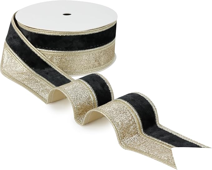 Black Velvet Wired Christmas Ribbon 2.5 Inch Black and Gold Glitter Holiday Ribbon – 10-Yards Roll for Tree Decorations, Gift Wrapping, Wreaths, and DIY Crafts