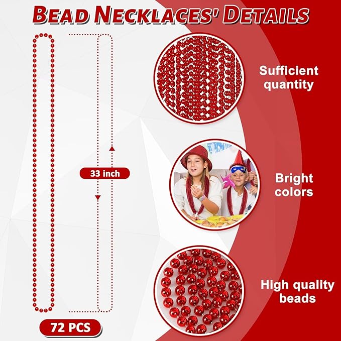72PCS Bead Necklace, Red Christmas Bead Stuff Party Favors, 33" Necklaces Festival Parade Throw Accessories for Wedding Birthday Valentines Mardi Gras Christmas Celebrations Decorations