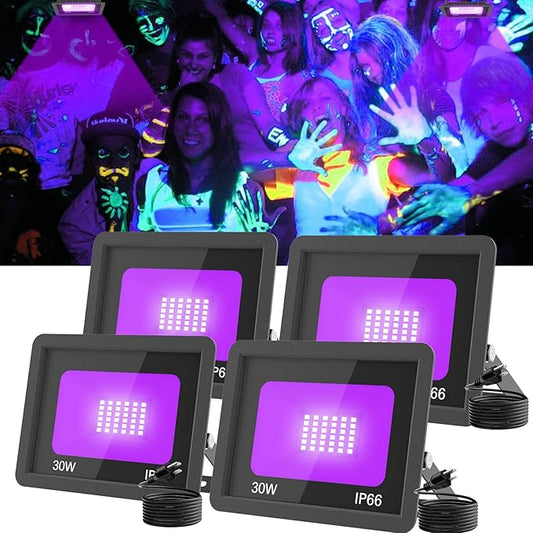 T-SUN 30W LED Black Lights 4 Pack, Blacklight Flood Light with Plug, Outdoor Waterproof Black Flood Lights for Halloween Decoration, Neon Glow for Party Fluorescent Poster, Body Paint