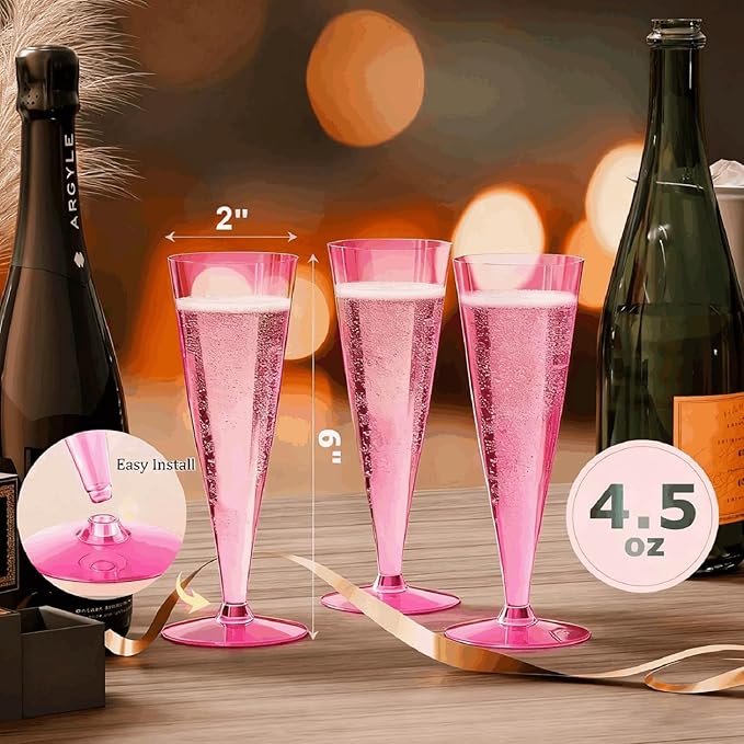 40 Pack Pink Plastic Champagne Flutes Disposable Champagne Glasses, 4.5 Oz Clear Mimosa Glasses Bulk Cocktail Toasting Cups for Party Supplies Wedding Bride Bar, Copas De Plastico Para Brindis