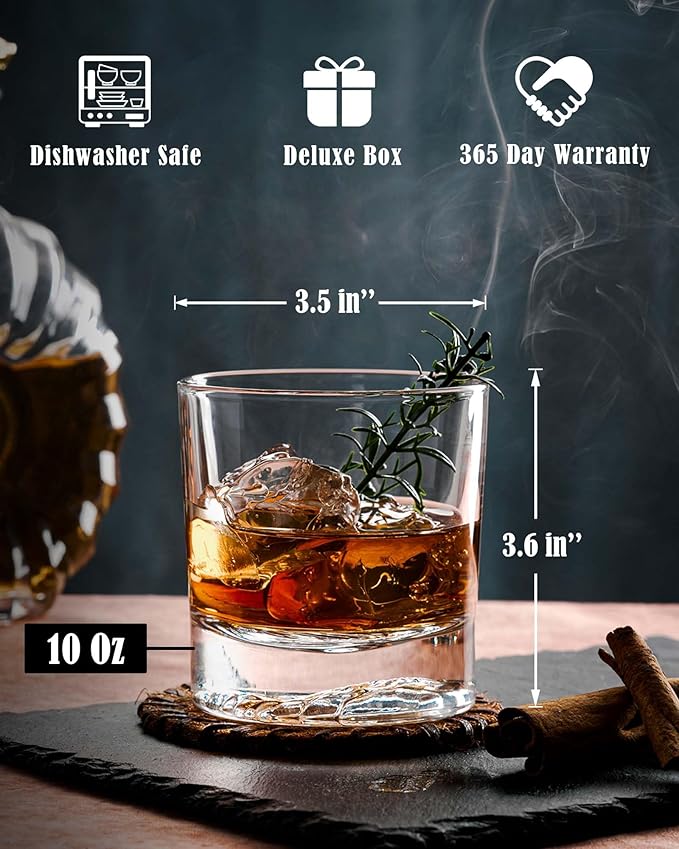 JBHO Premium Whiskey Glasses with Different Animals On Heavy Base, 10 Oz Double Old Fashioned Glasses Set of 4, Lowball Rocks Glasses with Deluxe Gift Box for Men, Serving Bourbon, Scotch