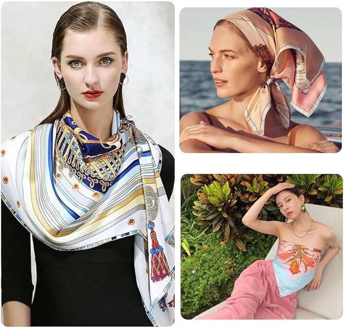 4Pcs Silk Head Scarves for Women Satin Hair Scarf 35”Large Square Bandana Silk Like Neck Scarf Shawl