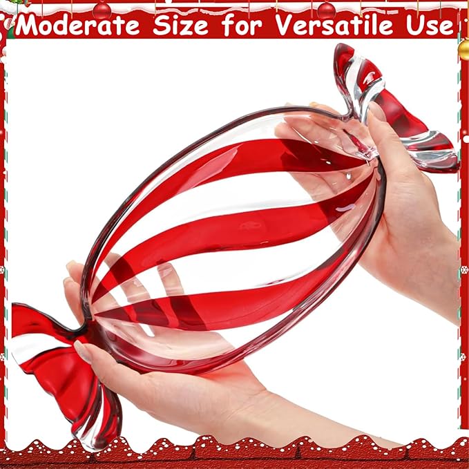 Christmas Candy Shaped Glass Dish Platter Oval Serving Tray Red Transparent Festive Dish for Xmas Holiday Party Cookies Fruit Peppermint Dessert Snack Charcuterie Decorative Gift, Large