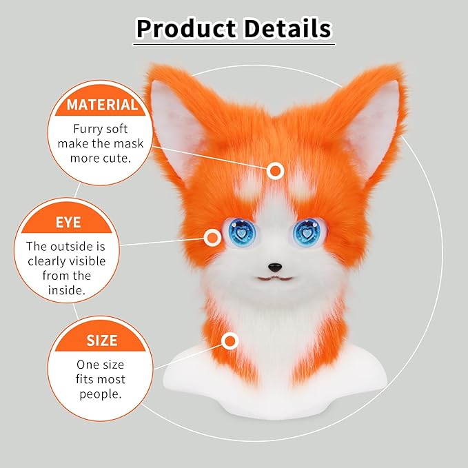 HAOAN Animal Furry Fursuit Head Mask Plush Cat Fox Mask Costume Props for Halloween Party