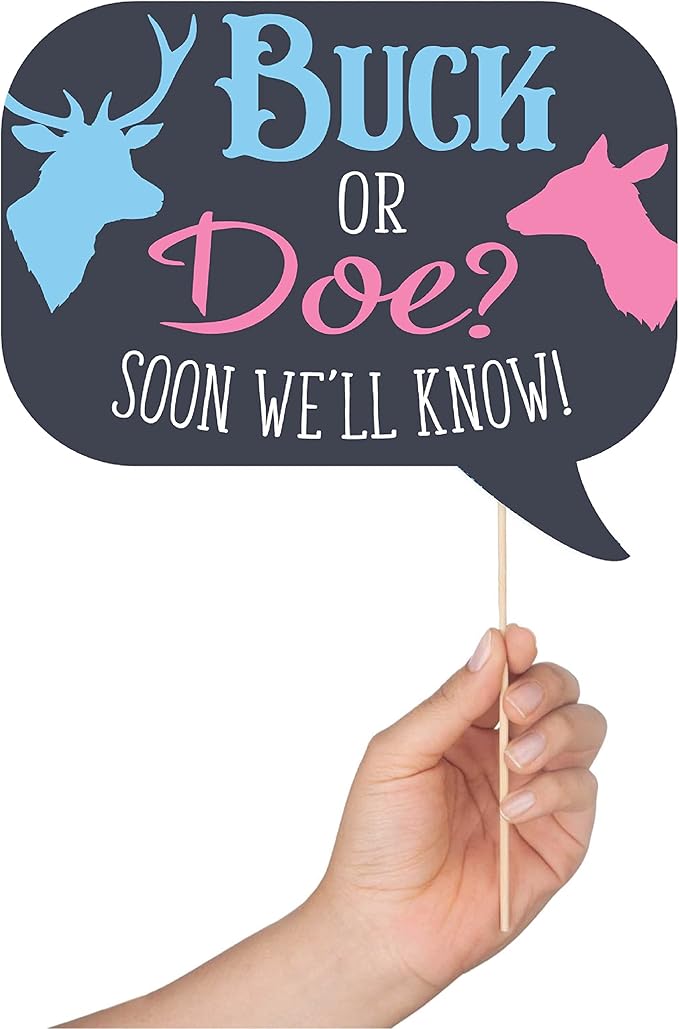 Gender Reveal Photo Booth Props - 41-pc Photobooth Kit with 8 x 10-Inch Sign, 60 Adhesive Pads, 45 Sticks - Baby Gender Reveal Party Supplies for Backdrop
