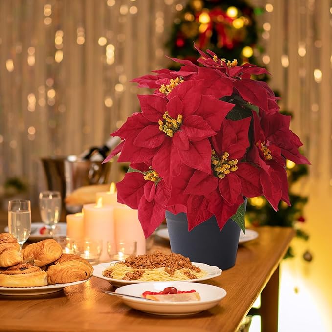 16" Poinsettias Artificial Christmas Flowers 11 Heads Fake Poinsettia Plants for Home Porch Garden Office Indoor Outdoor Christmas Winter Decorations Red