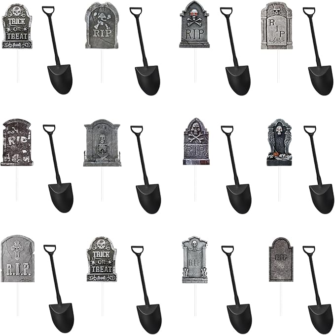 Halloween Cupcake Toppers Cake Decorations Tombstones Graveyard Skull Cupcake Toppers Pick Decor with Novelty Mini Shovel Spoons for Halloween, Birthday Party Decoration Supplies, 24 Pieces