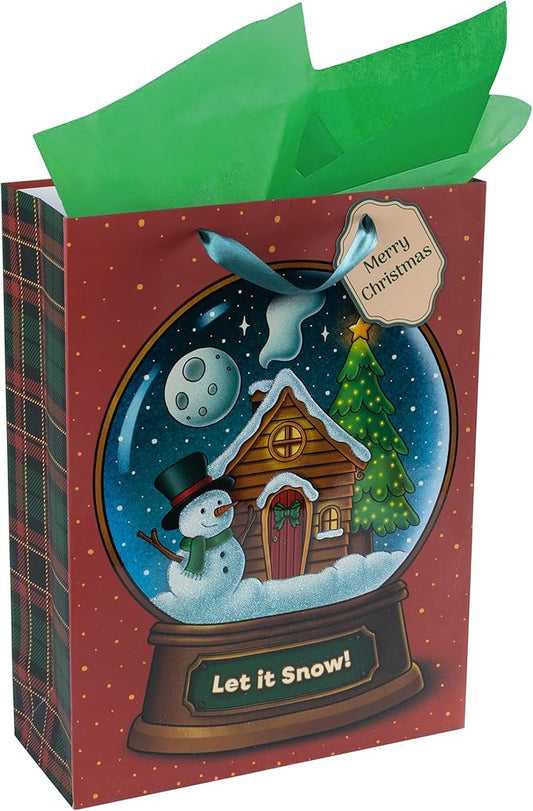 RACHELLE'S Snow Globe Christmas Gift Bag – Small 9"x7"x3" (1-Pack) – Sturdy Paper Gift Bag with Tissue Paper, Tag and Handle – Let It Snow – Perfect for Christmas Holiday Gifting & Party Favors