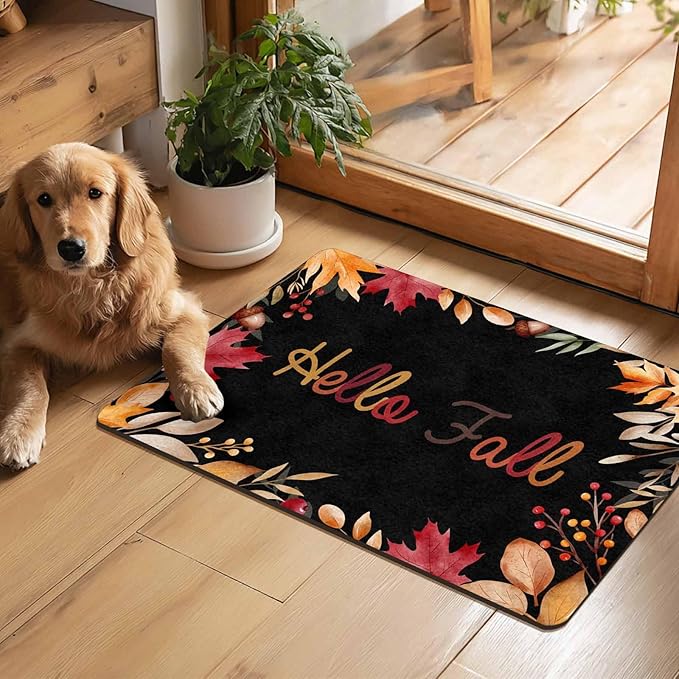 Thanksgiving Doormat for Indoor Outdoor Entrance Floor Mats,Fall Welcome Maple Leafs Decorative Door Mat, Autumn Fall Pumpkins Non Slip Harvest Vintage Decor Rubber Welcome Mats 16" x 24" Inch