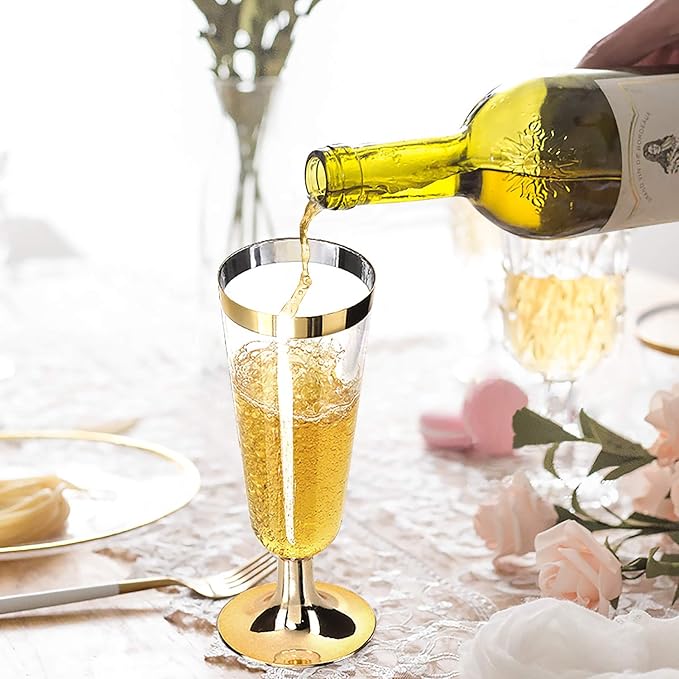 I00000 Gold Champagne Flutes 50 PACK, 5 Oz Disposable Champagne Glasses, 2-Piece Plastic Toasting Glasses for Celebration, Wedding or Parties