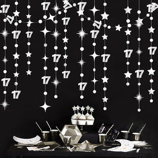 Silver 17th Birthday Decorations Number 17 Circle Dot Star Garland Streamer Banner Backdrop for Girls Boys Cheers to 17 Years Old Birthday 17 and Fabulous Happy 17th Anniversary Party Supplies