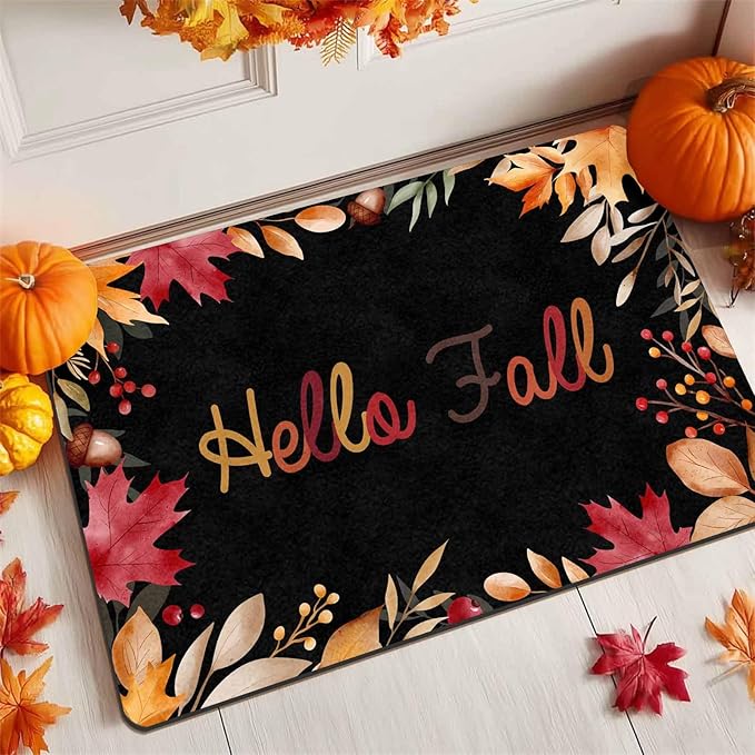 Fall Welcome Maple Leafs Decorative Door Mat, Autumn Thanksgiving Doormat for Indoor Outdoor Entrance Floor Mats,Fall Pumpkins Non Slip Harvest Vintage Decor Rubber Welcome Mats 30" x 18" Inch