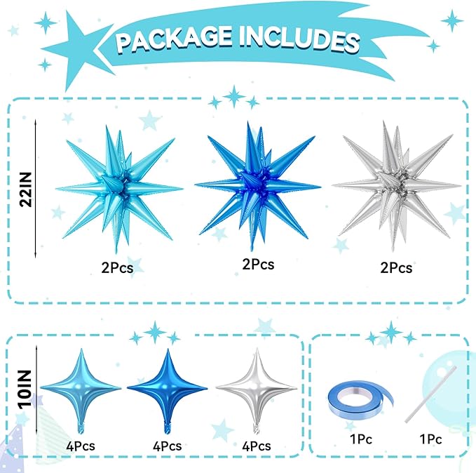 18 Pcs Blue Silver Star Balloons, Silver and Blue Balloon with 6 Pcs 22-Inch Explosion Star Balloons 12Pcs 10-Inch Four Pointed Stars Foil Balloon for Boys Baby Shower Birthday Party Decoration