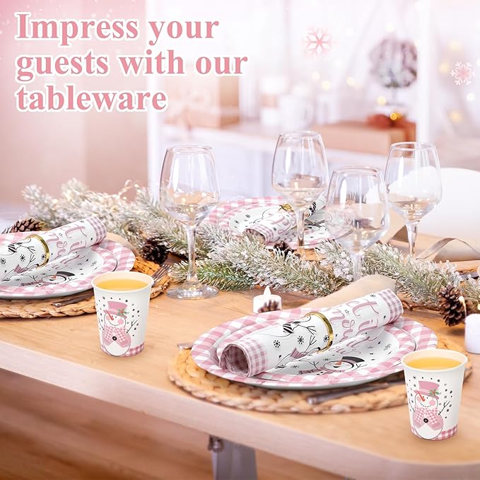 250 Pcs Christmas Snowman Paper Plates and Napkins Party Supplies Pink White Buffalo Plaid Winter Disposable Tableware Set for Christmas Winter Holiday Xmas Party Decoration