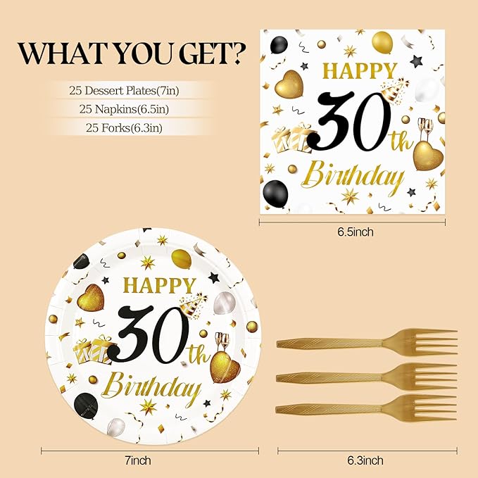 75PCS 30th Birthday Plates and Napkins Party Decorations, 7 Inch White and Gold Happy 30th Birthday Paper Dessert Cake Plates and Napkins Set Disposable Tableware Party Favors for Women Men