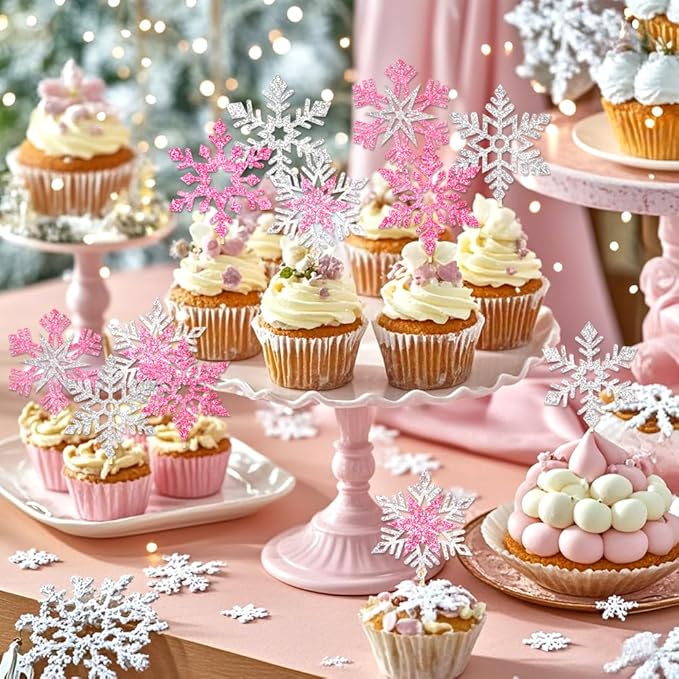 24pcs Glitter Snowflake Cupcake Toppers Double Layer Pink Silver Cake Decorations Winter Frozen Theme Cupcake Picks for Winter Wonderland Baby Shower Christmas Party Favors