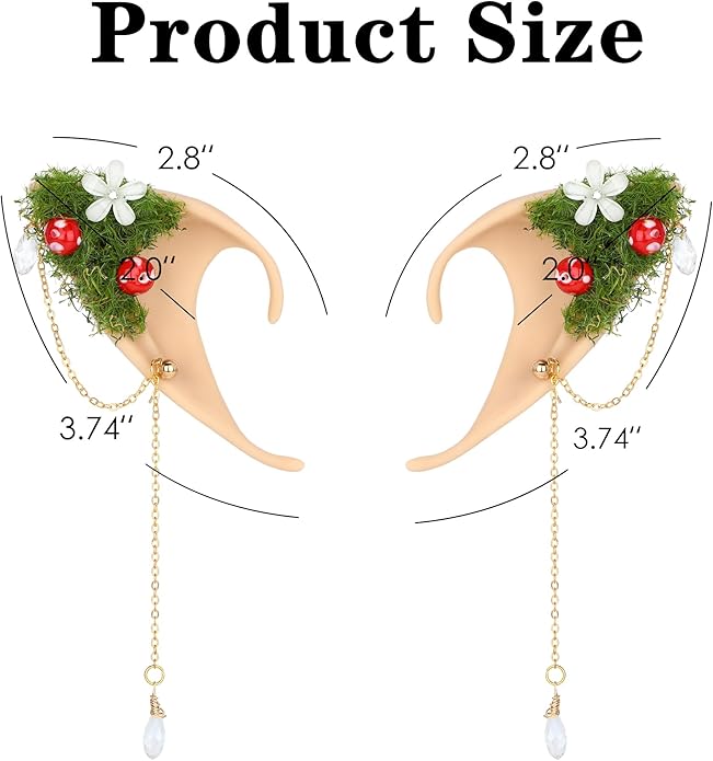 FRESHME Forest Mushroom Elf Ears, Soft Fairy Ears with Mushroom Moss and Flower Elven Ear Cuffs Halloween Renaissance Cosplay