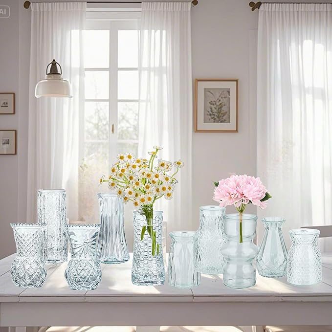 Glass Bud Vase Set of 10: Eylkoi Clear Vases for Centerpieces Decorative, Vintage Embossed in Bulk Crystal Textured Cute, Wedding Decor Mini Flower Floral Vase for Rustic Wedding, Home Table, Party