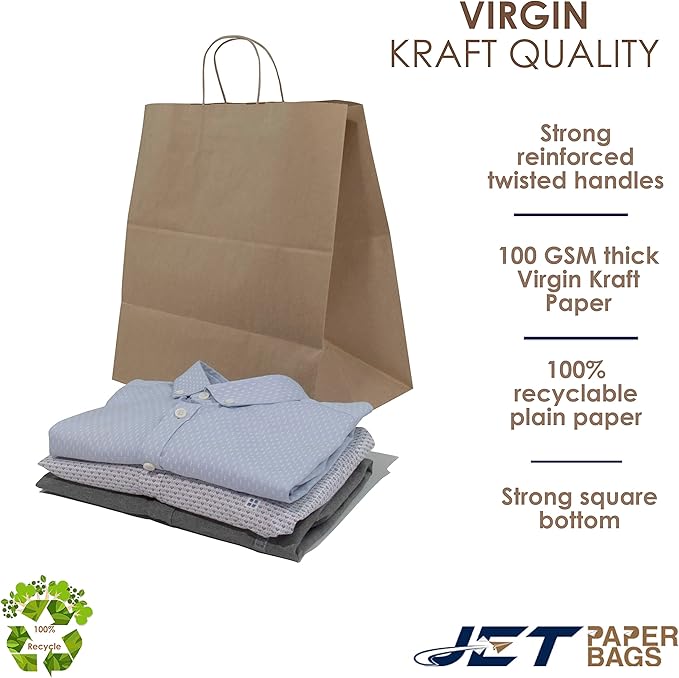 JET PAPER BAGS - Large Brown Paper Bags with Handles 14”x9”x16” Inch [25 Pcs] Prime for Takeout, Grocery, Goody, Retail, Party, Gifts, Weddings