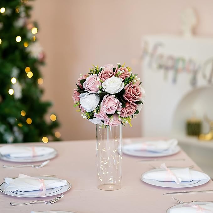 BLOSMON Dusty Rose Flowers Decoration: 2 Pcs Pink Artificial Flowers Balls for Wedding Dinning Table Centerpieces - Fake Silk Kissing Floral Arrangement for Home Party Event