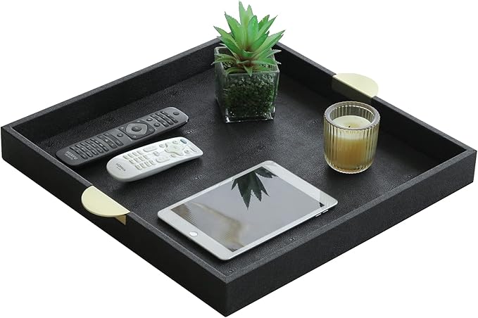 HofferRuffer Faux Leather Decorative Serving Tray, Elegant Coffee Table Ottoman Tray, Breakfast, Drinks, Liquor Serving Platter, Black Shagreen Finish with Gold Hardware Handle (Square)