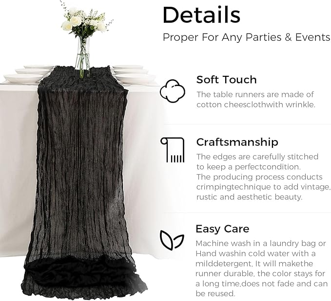 12 Pack Boho Gauze Cheesecloth Long Rustic Sheer Table Runner for Wedding Bridal Baby Shower Birthday Party Cake Table Arbor Decorations (Black)