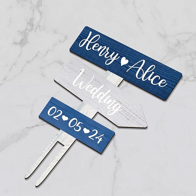 Personalized Ocean Themed Wedding Cake Topper in Wood Custom Bride & Groom Names Initials Wedding Date Cake Decoration (Navy)