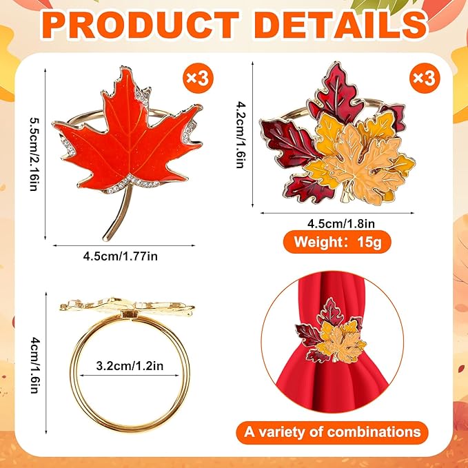 16 Pcs Fall Thanksgiving Cloth Napkin and Maple Leaves Napkin Ring Holder Buckles with Rhinestones Set for Harvest Season Thanksgiving Autumn Party Table Decorations (4 Colors)