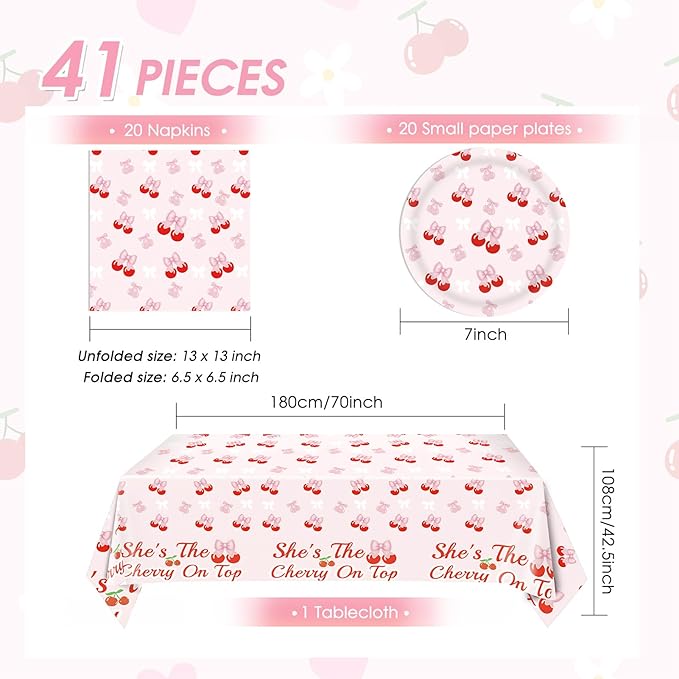 41Pcs Cherry Party Decorations,She's The Cherry On Top Theme Tableware,Cute Pink Bow Cherry Plates,Napkin,Tablecloth丨Girls Birthday Baby Shower Bachelorette Bridal Engagement Wedding Party Supplies