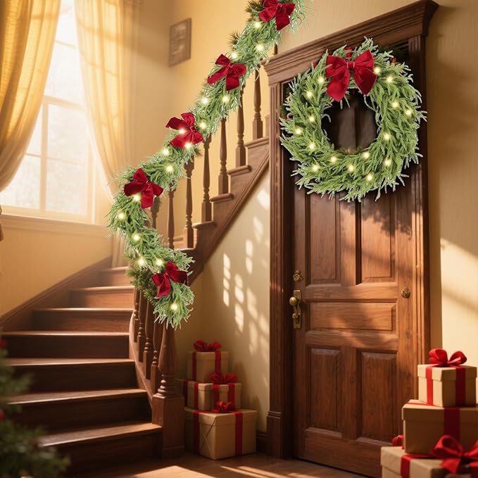 6ft Christmas Garland with Lights,Lighted Norfolk Pine Garland for Mantle,Prelit Real Touch Artificial Green Christmas Winter Garland with Large Burgundy Velvet Bow for Indoor Outdoor Decor