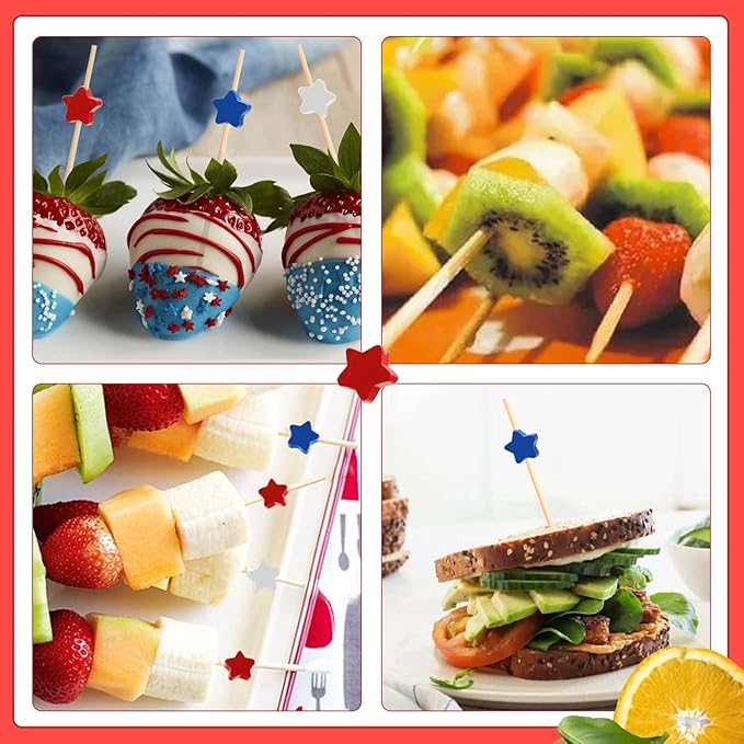 100pcs Red White Blue Star Cocktail Picks Fruit Sticks Food Toothpicks Sandwich Charcuterie Appetizer Skewers, Handmade of Bamboo Wood, for Fourth of July Independence Day Decoration Party Supplies