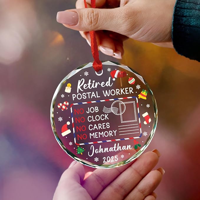Personalized Retired Postal Worker Christmas Ornaments, Mail Carrier Retirement Glass Ornament Xmas 2025, First Christmas Retired Ornament Gifts for Mailman Postman, Custom Name Year Ornaments