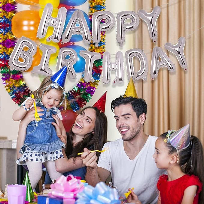 Accevo Silver Happy Birthday Balloon 16 Inch Mylar Foil Letters Balloons Happy Birthday Banner for Kids Child Adults Boys Girls Happy Birthday Sign Birthday Party Decorations Supplies