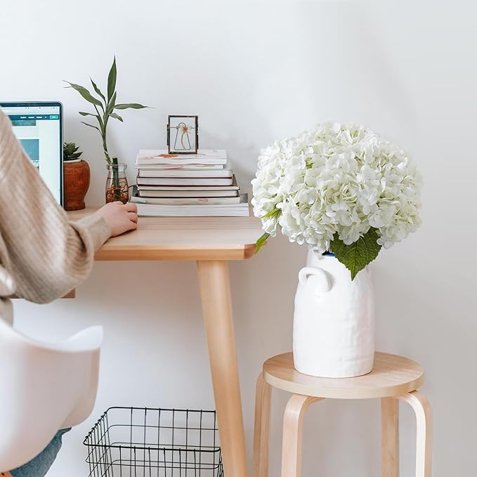 3 Pcs White Hydrangea Artificial Flowers 21" Realistic Latex Faux Hydrangeas Flowers Real Touch Full Heads, Lifelike Long Stem & Leaves for Wedding Outdoor Table Centerpieces Home Party Decoration