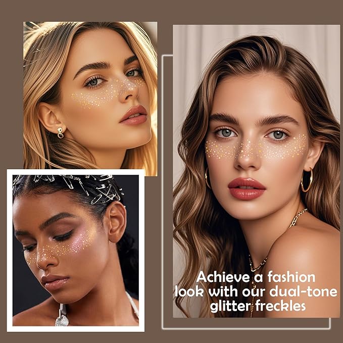 8 Pcs Gold Face Makeup Patches, Gold and Silver Glitter Freckles Face Tattoo, Glitter Freckles, Sparkle Makeup Patches, Waterproof Face Glitter Temporary Tattoos for Women