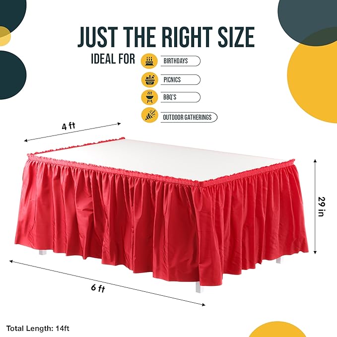 Exquisite Ruffle Table Skirt Red 12 Pack 14 Ft Long Table Skirts for Rectangle Tables 6ft Plus or Round Tables Skirts with Adhesive Strip for Gender Reveal Decor & Happy Birthday Parties