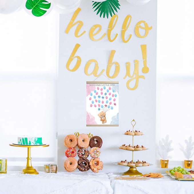 QZCYU Bear Theme Baby Gender Reveal Decorations, Baby Shower Guest Book Party Ideas, Gender Reveal Fingerprint Tree, Canvas Thumbprint Hanging Paintings
