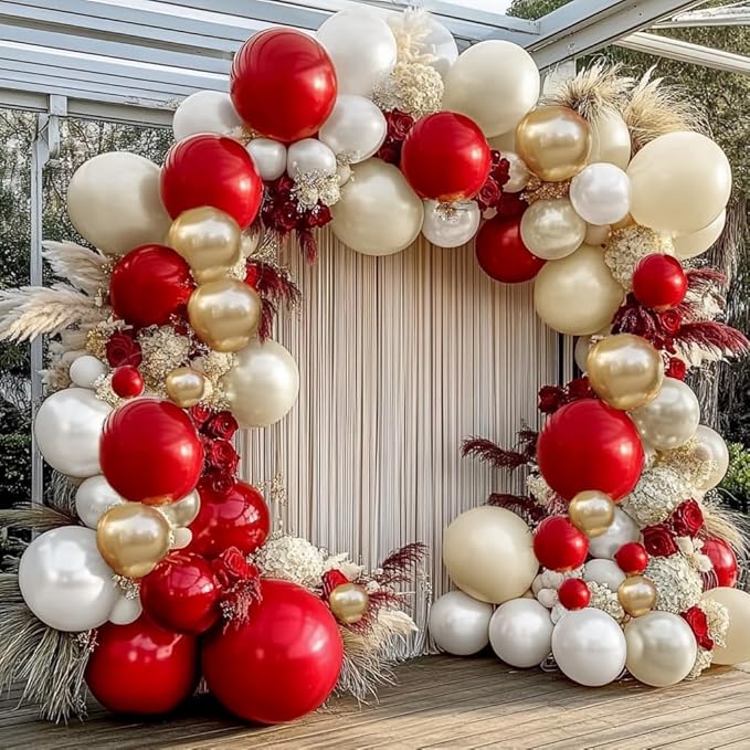 Red White Gold Balloon Garland Double Stuffed Burgundy Red White Sand Pearl Balloon Arch Kit Maroon Wine Balloons for Birthday Wedding Engagement Anniversary Christmas New Year Party Decorations